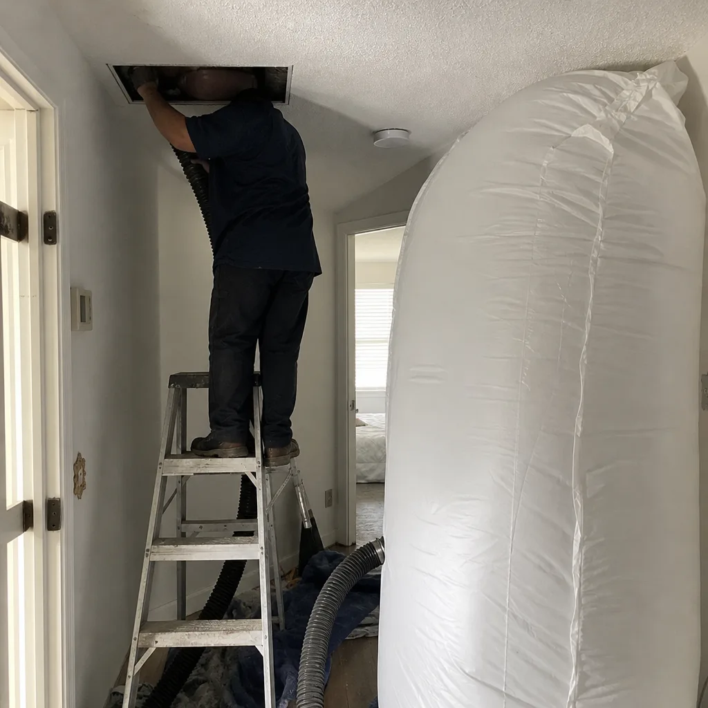 Professional air duct cleaning technician using vacuum equipment in a home