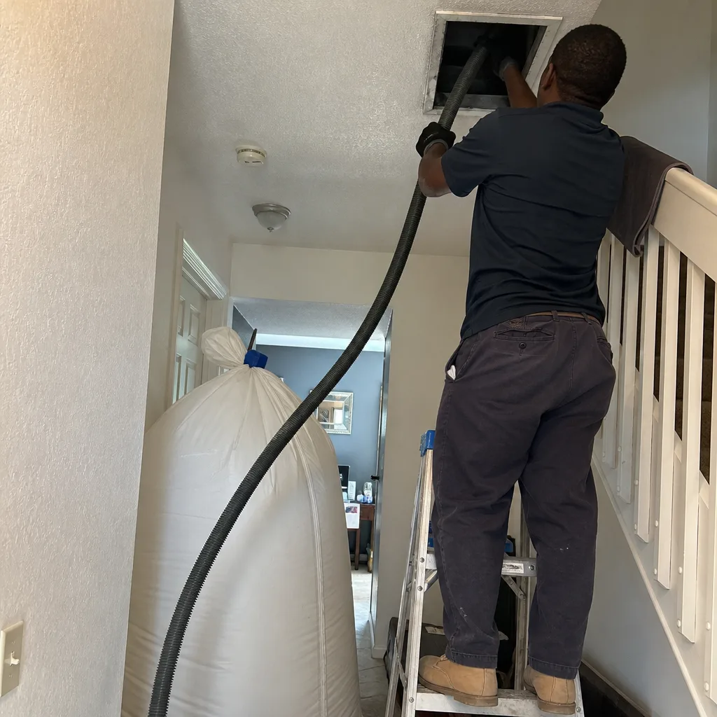 Technician using vacuum equipment for professional residential air duct cleaning service