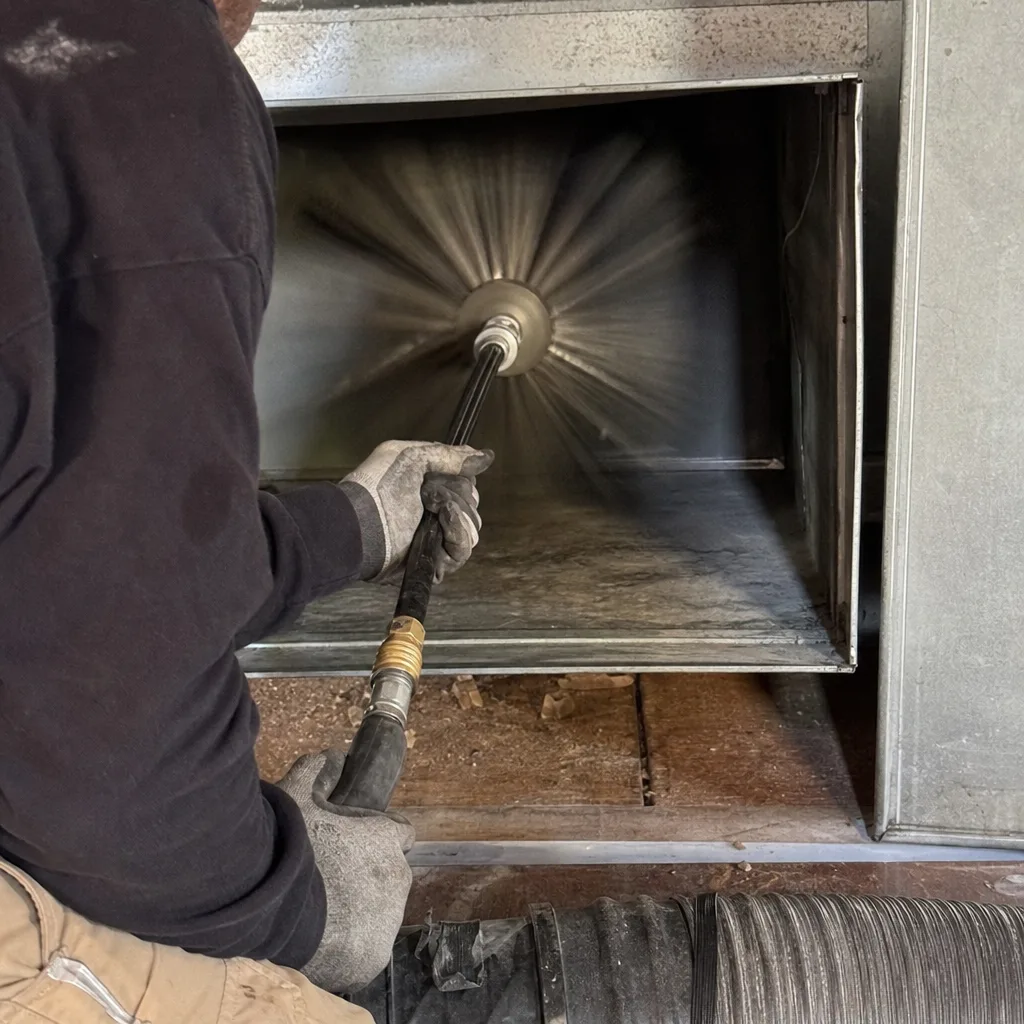 Technician using a rotating brush tool for professional air duct cleaning